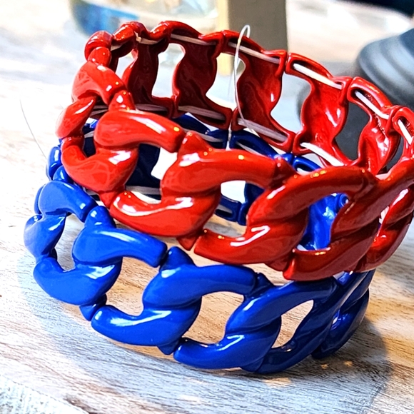 2 Chain Link Stretch Bracelet Set Red and Blue New - Picture 3 of 7